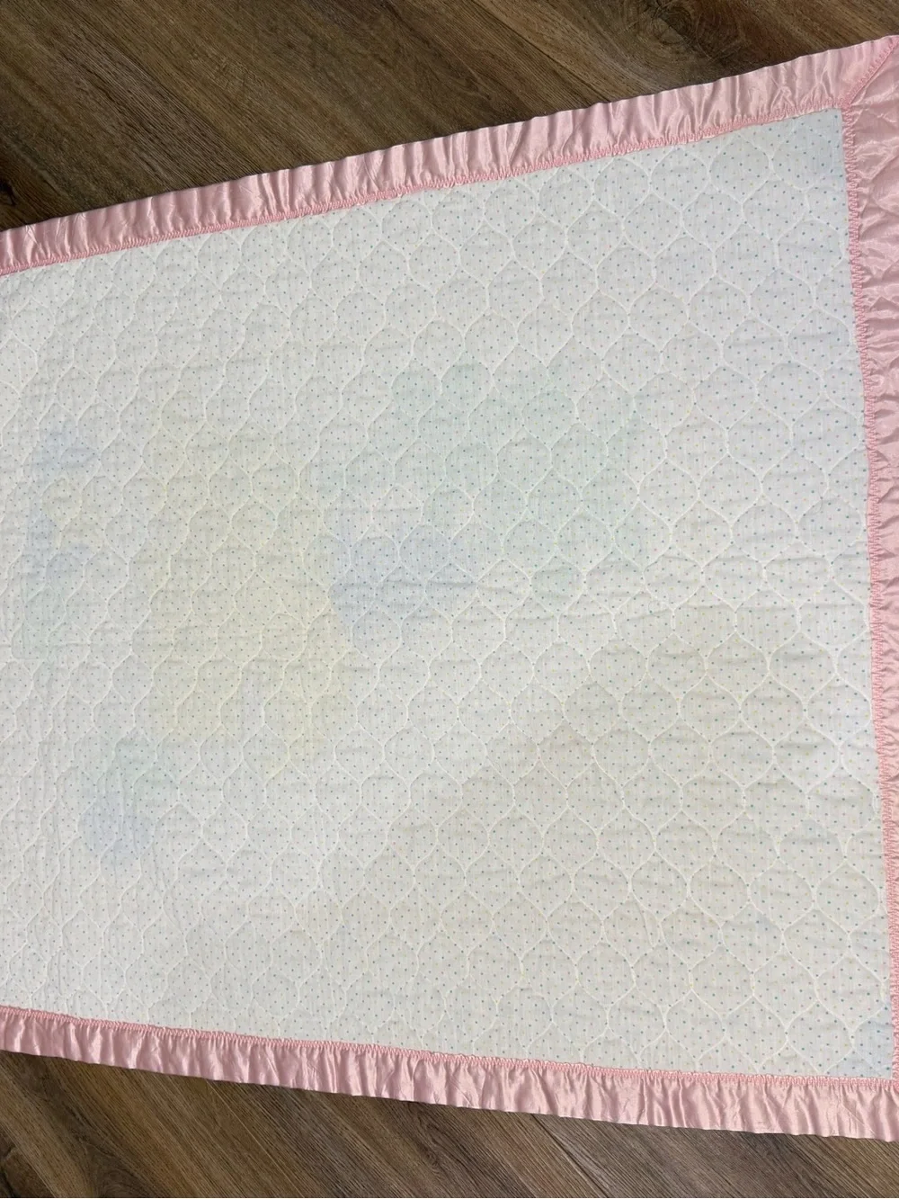 Vintage Baby Dinosaur Crib Quilt Blanket 44x34 Pink Satin Trim Nursery Decor